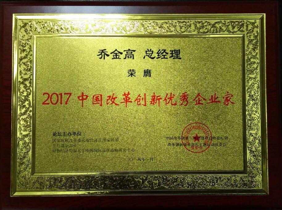 2017中国改革创新优秀企业家证书